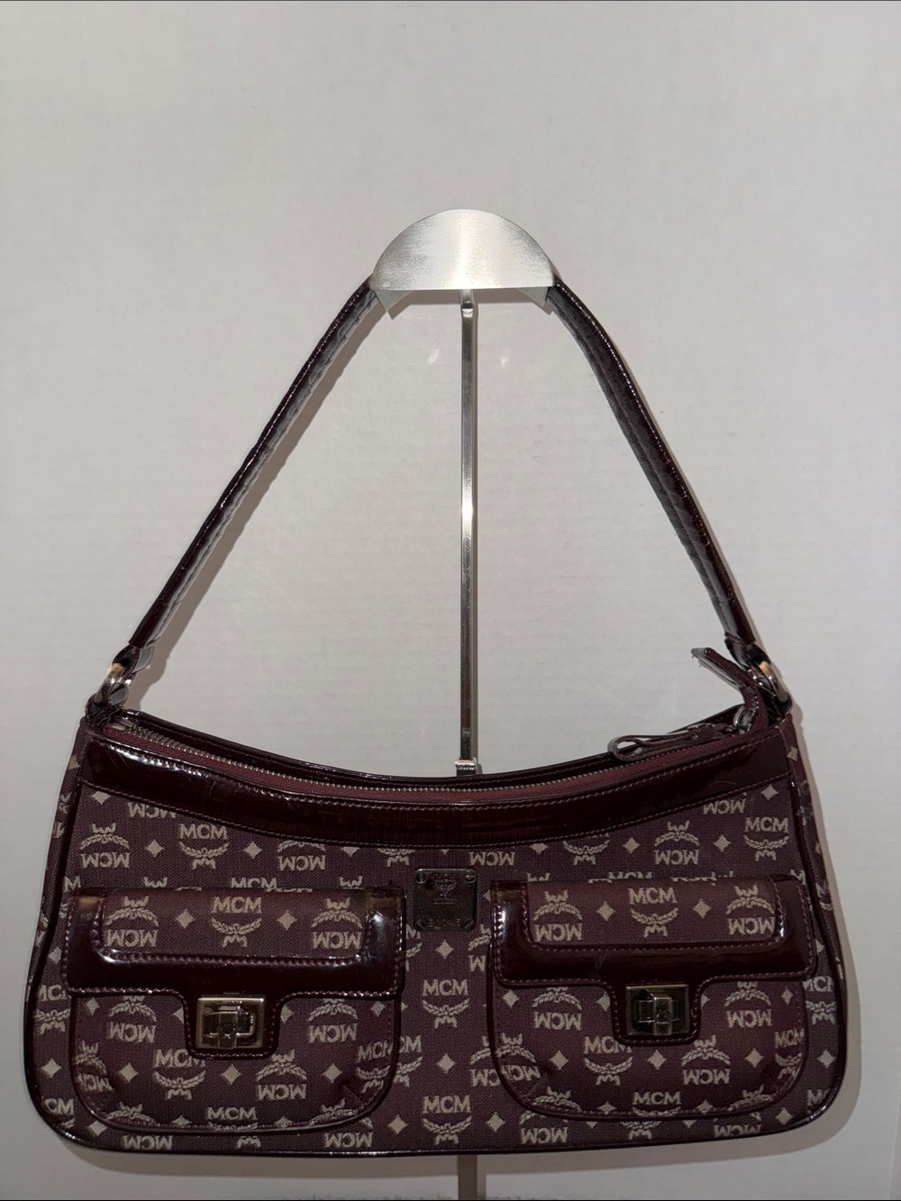 MCM Burgundy Logo Shoulder Bag with Dark Brown Trim